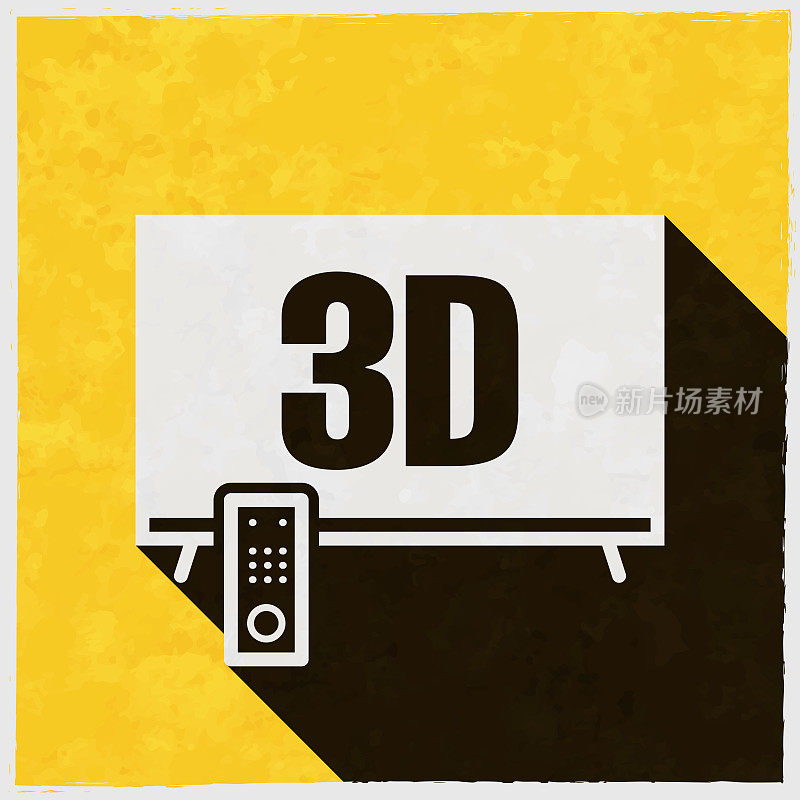 3 d电视。图标与长阴影的纹理黄色背景